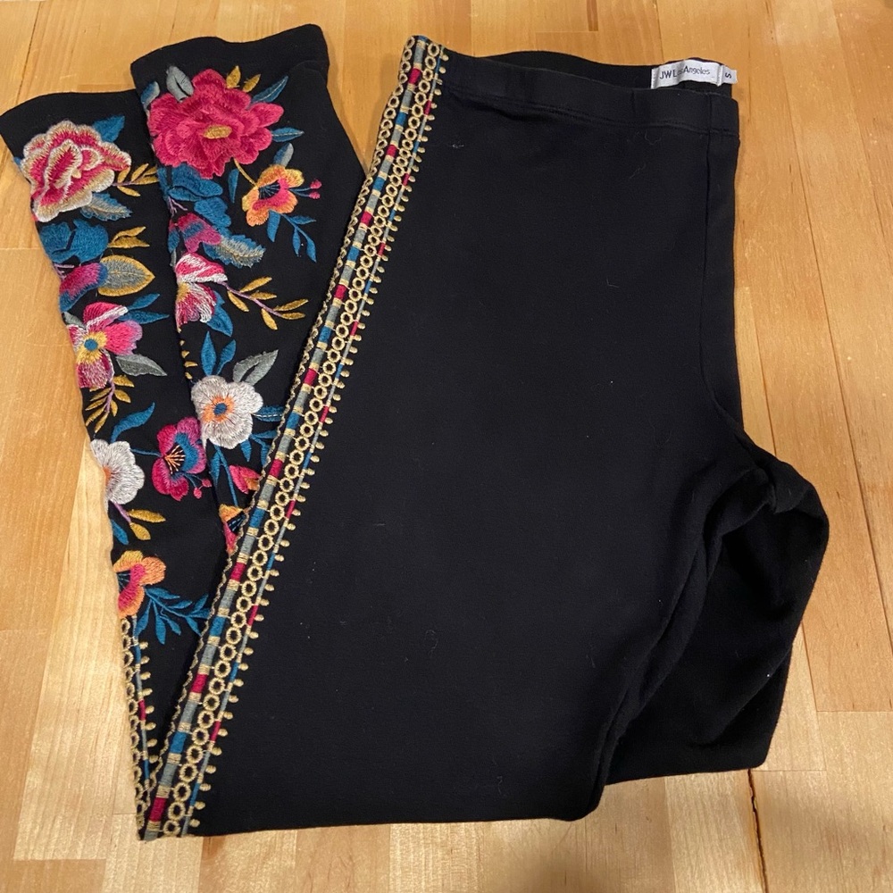 Johnny Was Embroidered Cotton Leggings JW Los Angelos Boho Black
